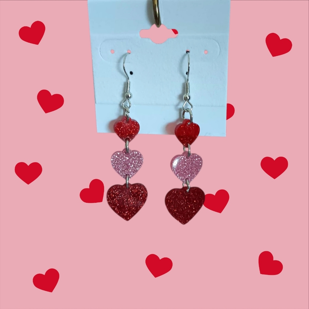 Sparkly Dangle Heart Earrings - Picture 3 of 3